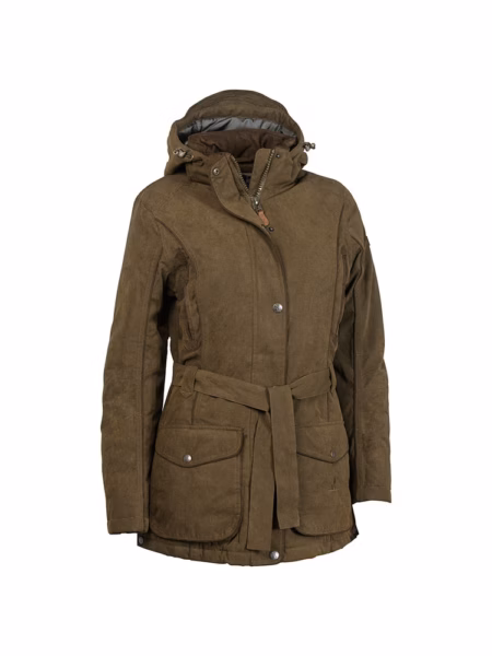 Percussion ladies Rambouillet Original jacket in Khaki - front view with hood and waist belt