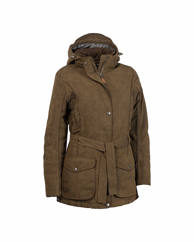 Percussion ladies Rambouillet Original jacket in Khaki - front view with hood and waist belt
