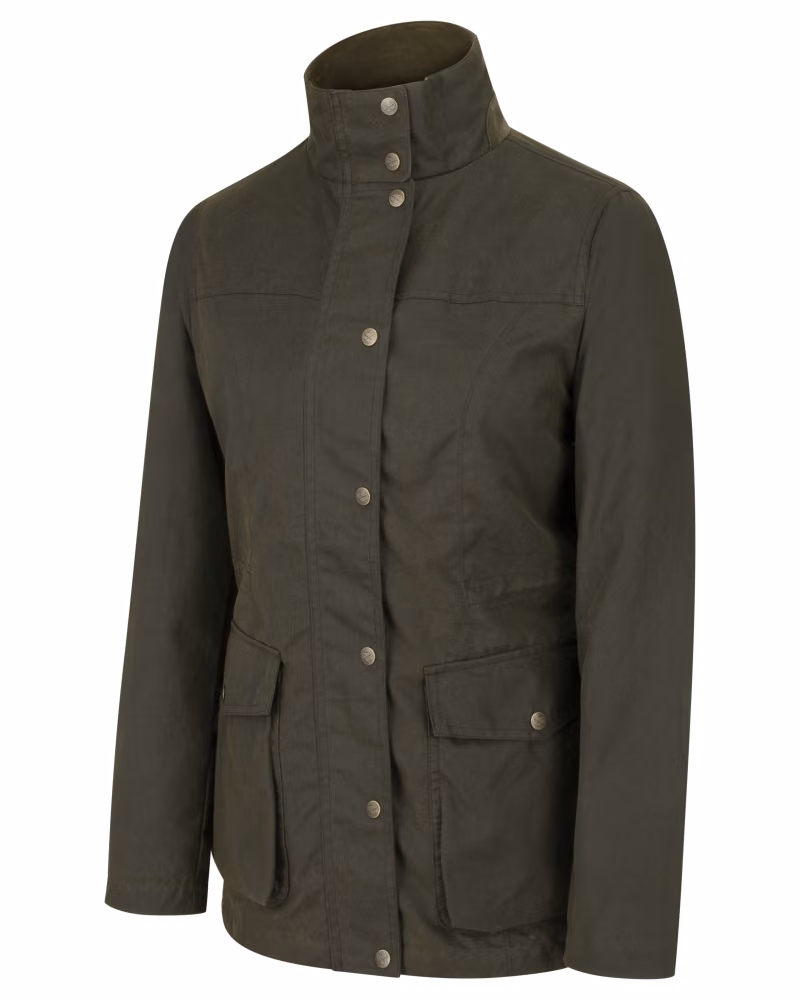 Hoggs of Fife Caledonia Ladies Waxed Jacket in Antique Olive, front view