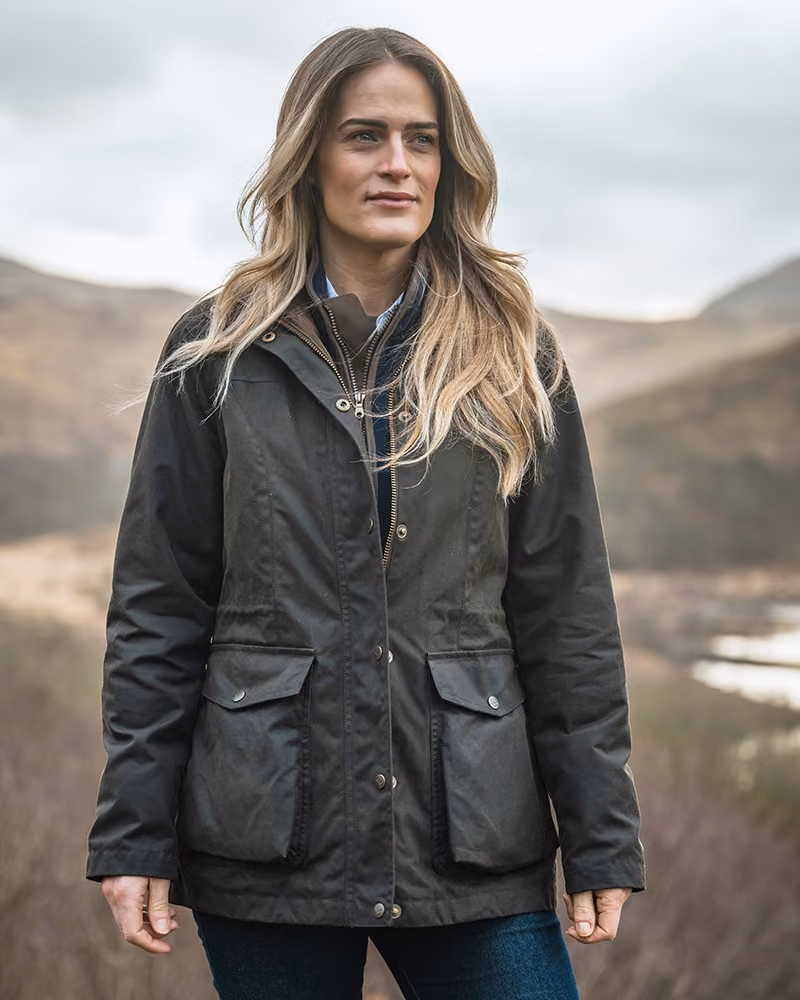 Hoggs of Fife Caledonia Ladies Waxed Jacket in Antique Olive, lifestyle view