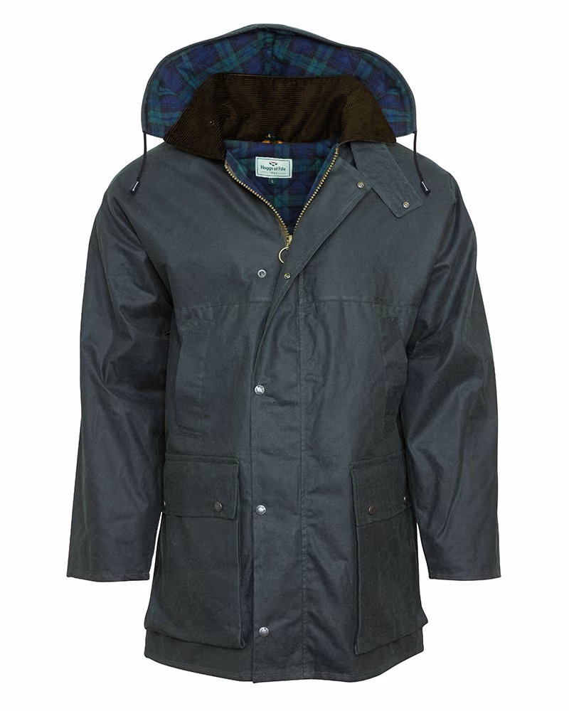Hoggs of Fife Padded Wax Jacket in Olive, hood up view