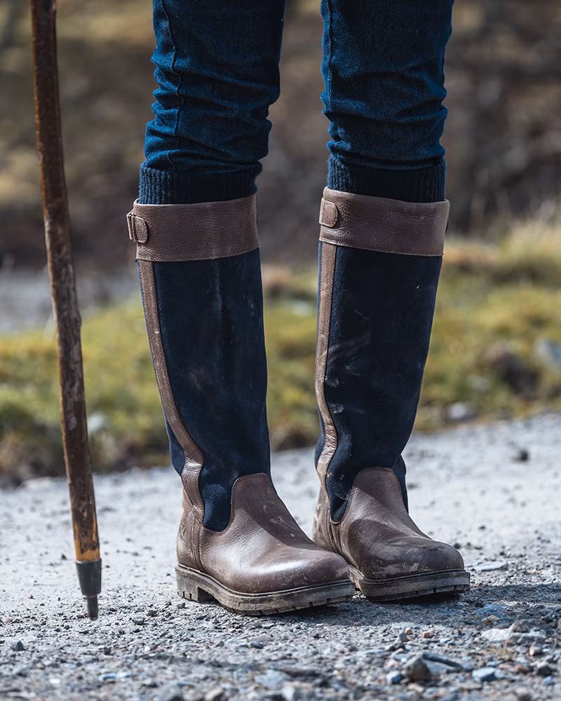 Cleveland II Ladies Country Boots - Dark Brown Navy Outdoors Dark Brown and Navy Cleveland II country boots worn outdoors