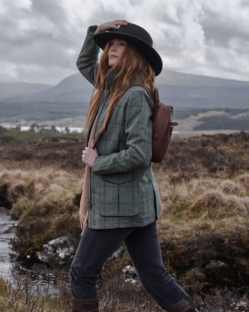 Hoggs of Fife Roslin Ladies Technical Tweed Field Coat in Spring Bracken, field lifestyle view