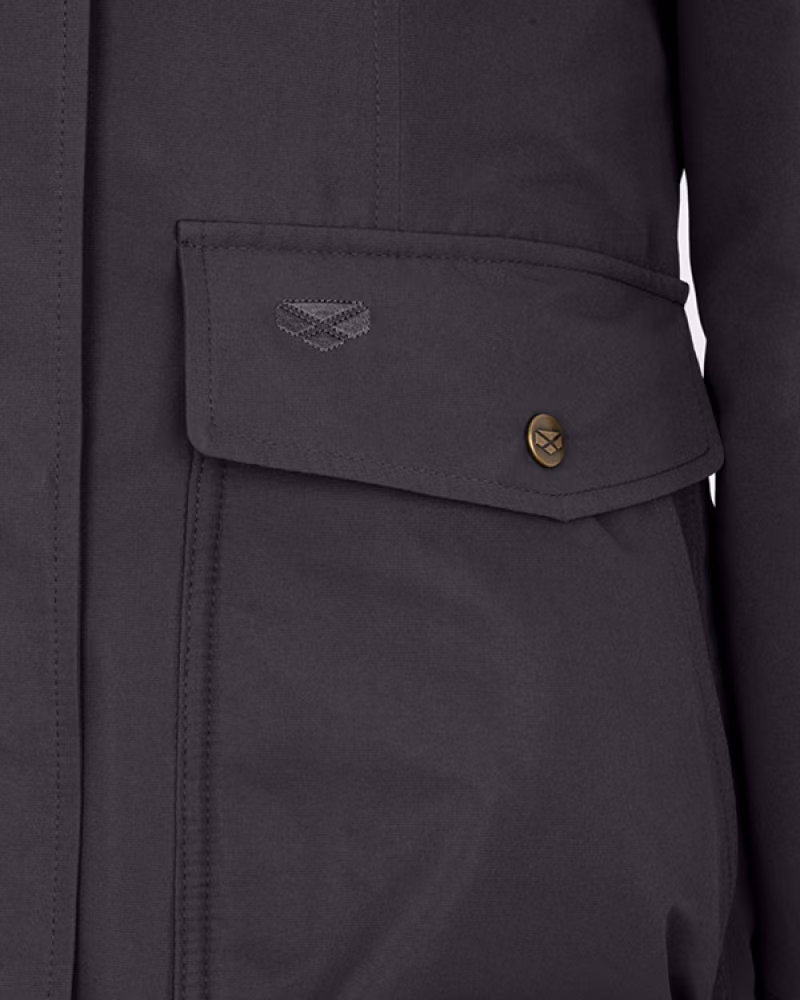 Hoggs of Fife Walker Ladies Long Coat in Charcoal, pocket detail view
