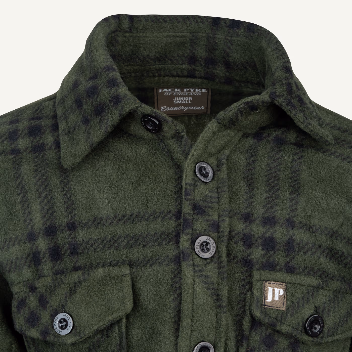 Jack Pyke Junior Polar Fleece Shirt in Green Check – collar detail Jack Pyke Junior Polar Fleece Shirt in Green Check – collar detail