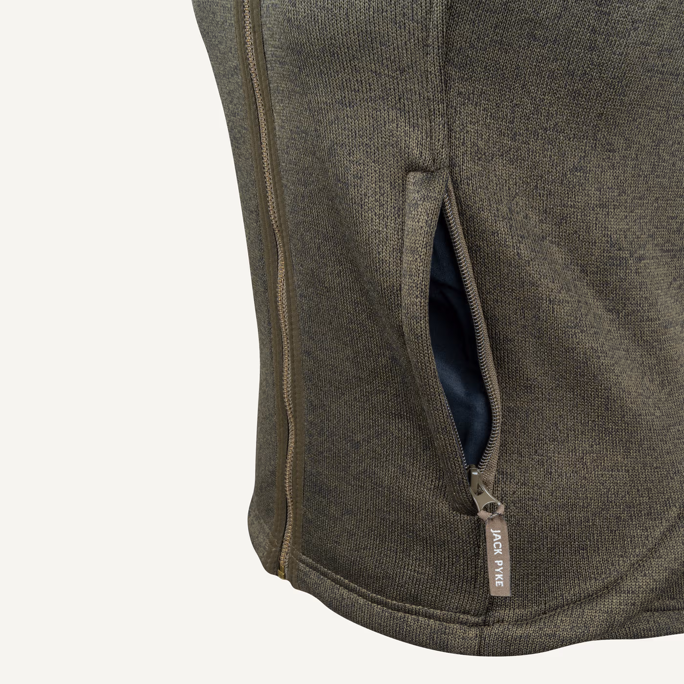 Jack Pyke Ladies Melange Fleece Gilet in Dark Olive – pocket detail Jack Pyke Ladies Melange Fleece Gilet in Dark Olive – pocket detail