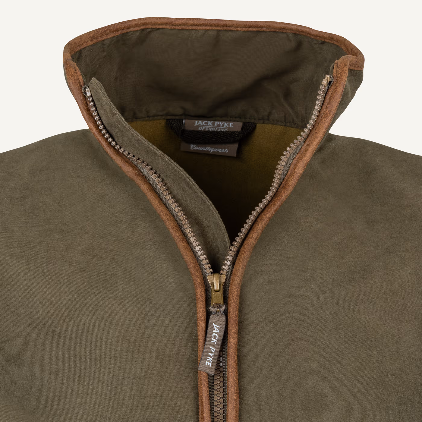 Jack Pyke Technical Moleskin Gilet in Dark Olive – zip detail Jack Pyke Technical Moleskin Gilet in Dark Olive – zip detail