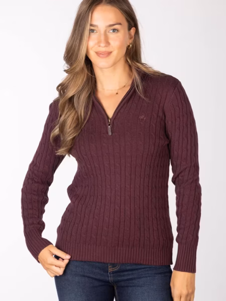 Rydale Ladies Quarter Zip Cable Knit Jumper - Emma - Emma Burgundy