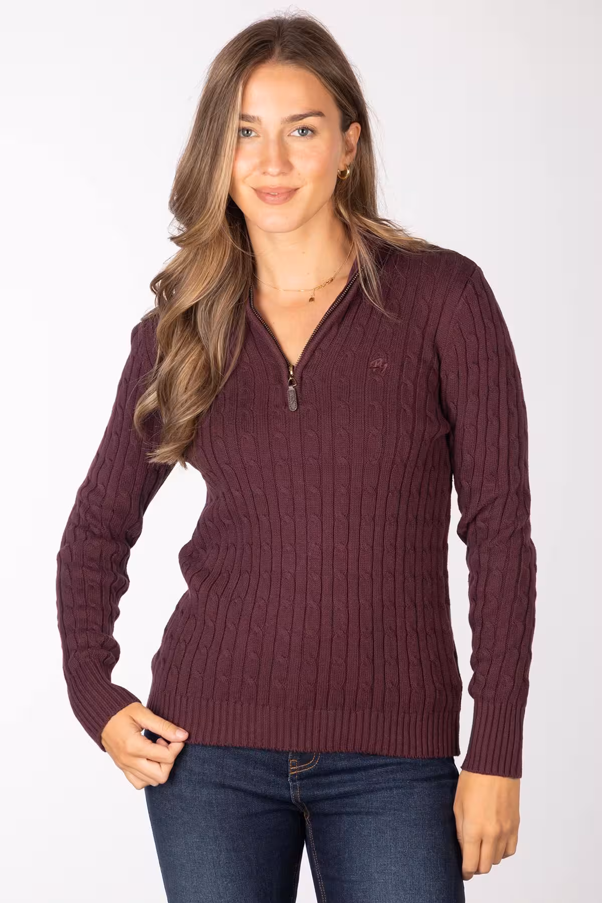 Rydale Ladies Quarter Zip Cable Knit Jumper - Emma - Emma Burgundy Rydale Ladies Quarter Zip Cable Knit Jumper - Emma - Emma Burgundy