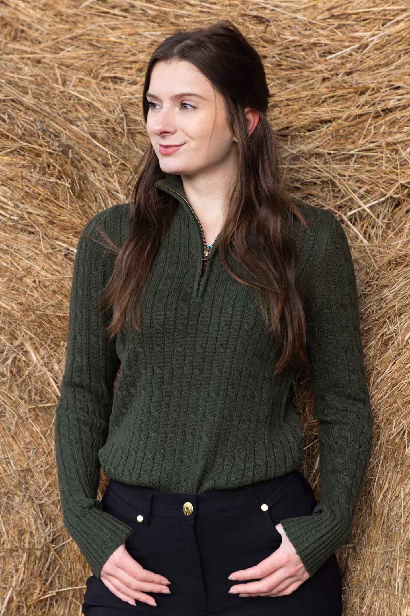 Rydale Ladies Quarter Zip Cable Knit Jumper - Emma - Khaki Rydale Ladies Quarter Zip Cable Knit Jumper - Emma - Khaki