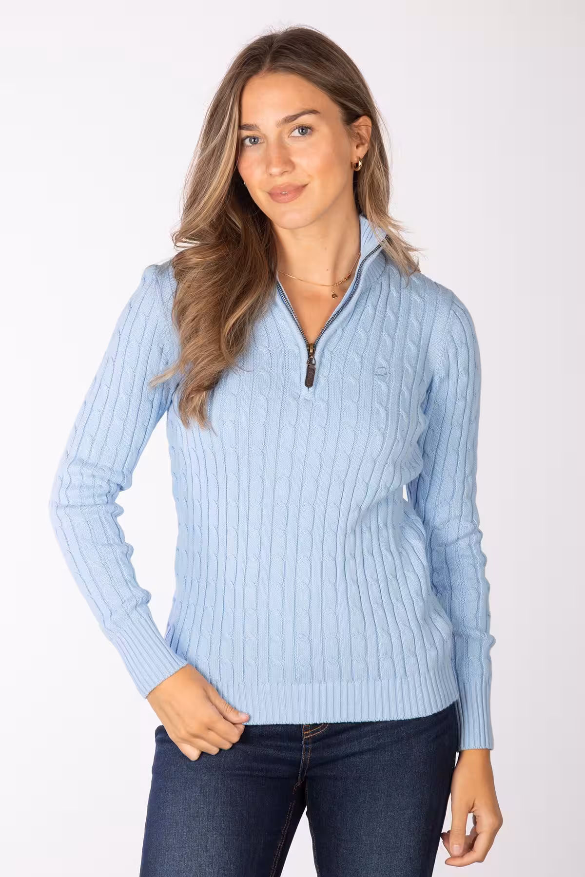 Rydale Ladies Quarter Zip Cable Knit Jumper - Emma - Soft Blue Rydale Ladies Quarter Zip Cable Knit Jumper - Emma - Soft Blue