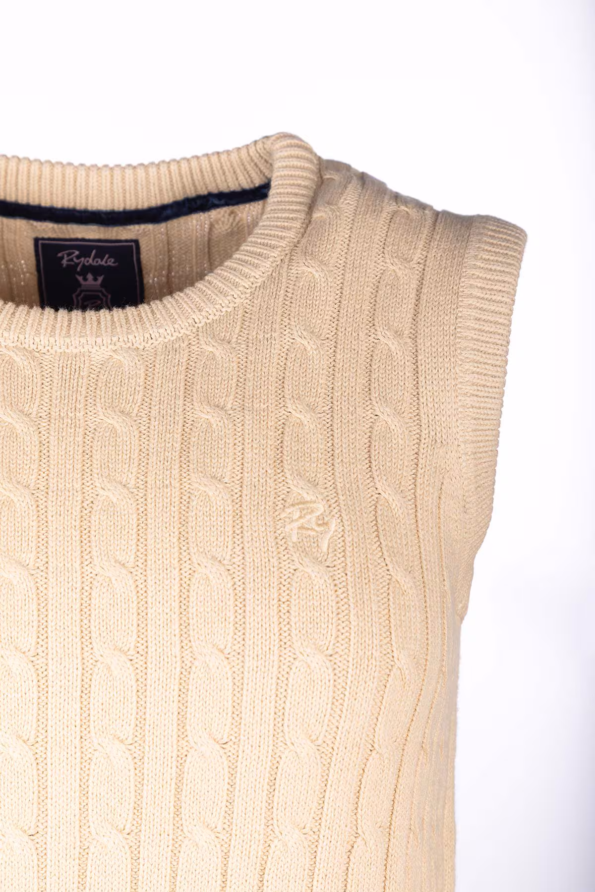 Rydale Ladies Crew Neck Cable Knit Vest - Emma - Beige cable knit detail Rydale Ladies Crew Neck Cable Knit Vest - Emma - Beige cable knit detail