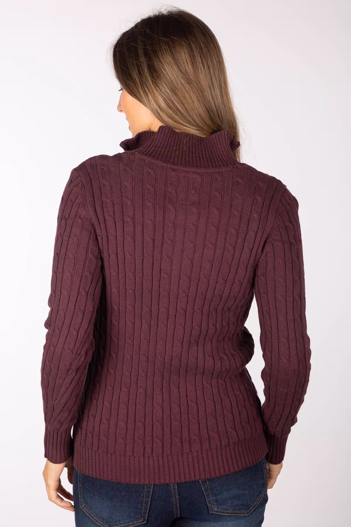 Rydale Ladies Quarter Zip Cable Knit Jumper - Emma - Emma Burgundy rear view Rydale Ladies Quarter Zip Cable Knit Jumper - Emma - Emma Burgundy rear view