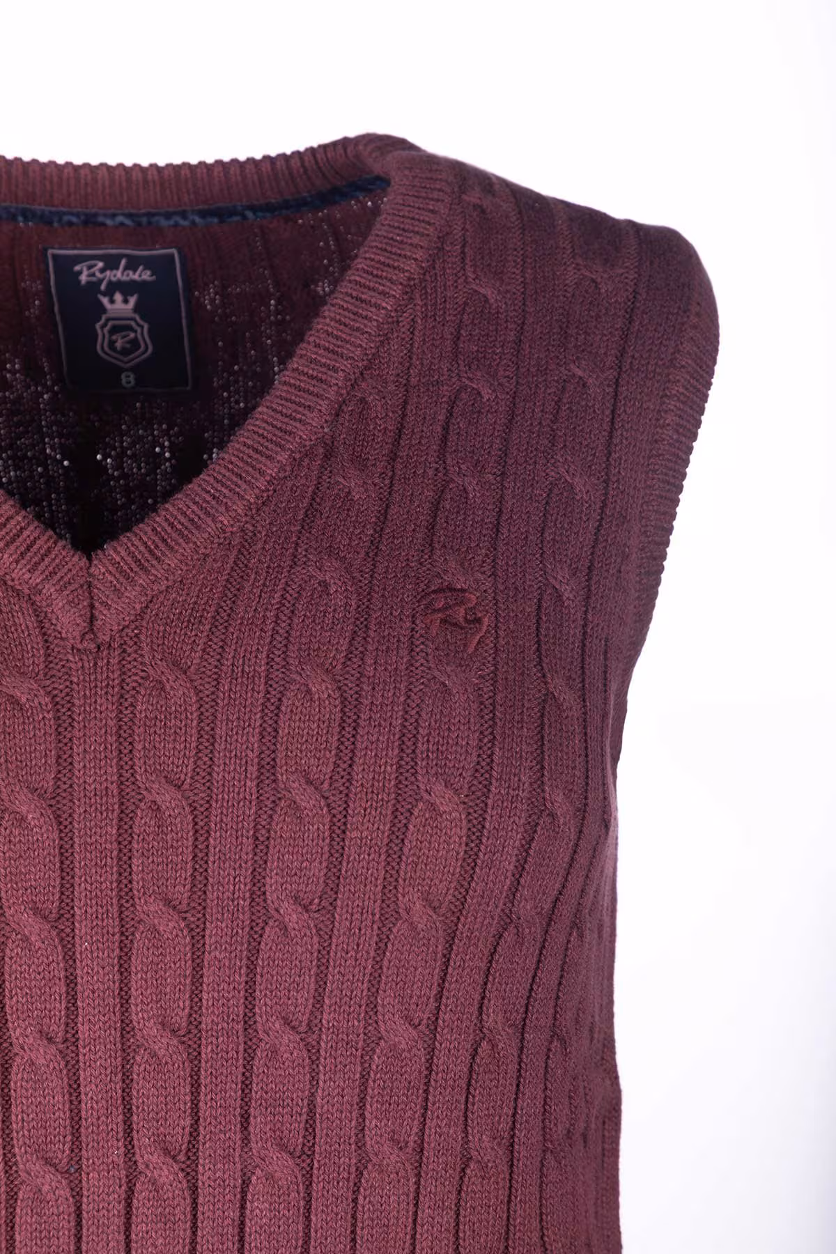 Rydale Ladies V Neck Cable Knit Vest - Emma - Emma Burgundy V-neck detail Rydale Ladies V Neck Cable Knit Vest - Emma - Emma Burgundy V-neck detail