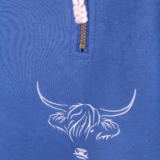 Rydale Mini Girls Quarter Zip Sweatshirt - Byland - Mid Blue embroidered Highland cow detail