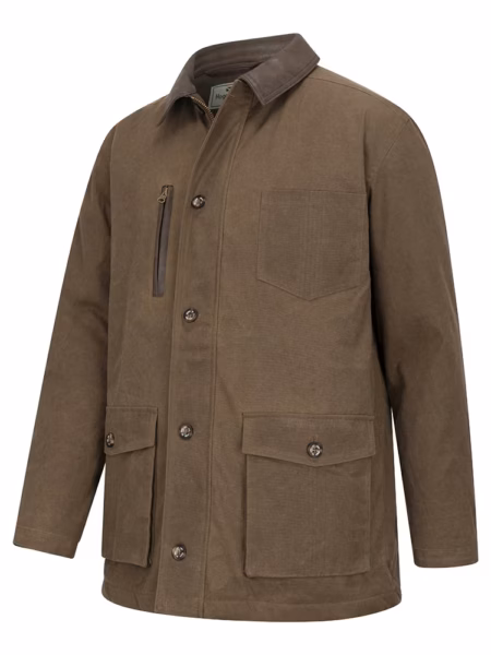 Hoggs of Fife Balerno Waxed Canvas Barn Coat in Rock, front view