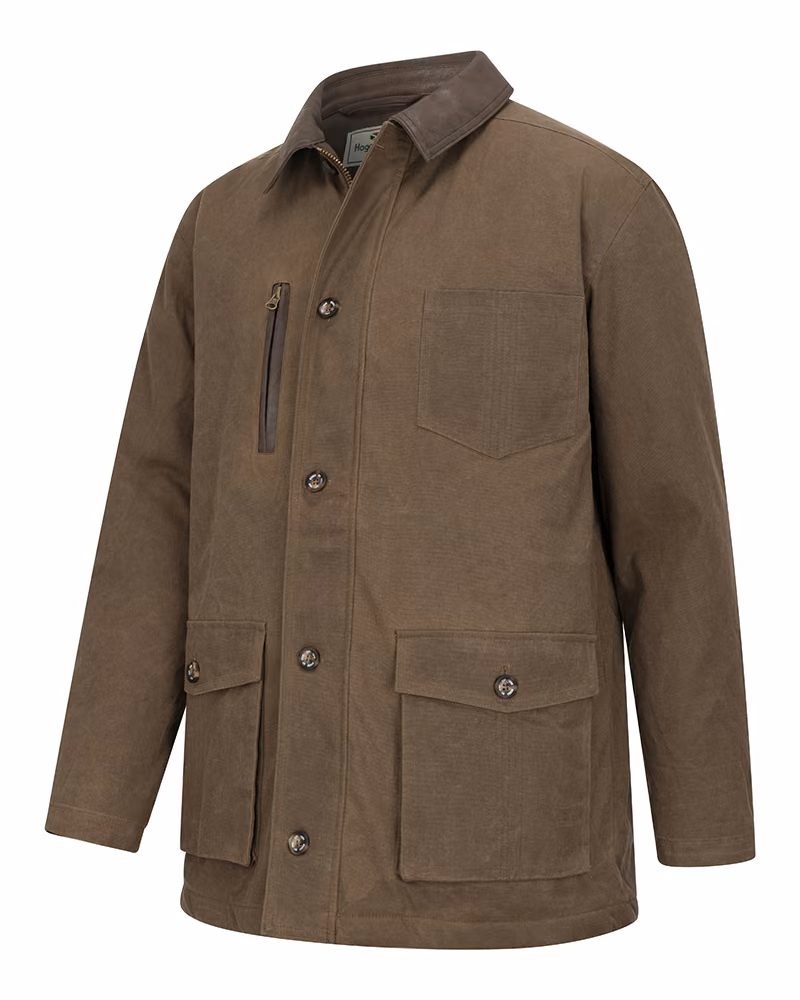 Hoggs of Fife Balerno Waxed Canvas Barn Coat in Rock, front view