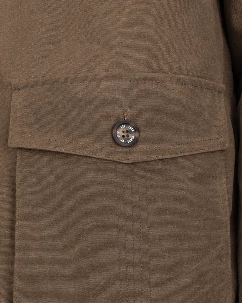 Hoggs of Fife Balerno Waxed Canvas Barn Coat in Rock, pocket detail view