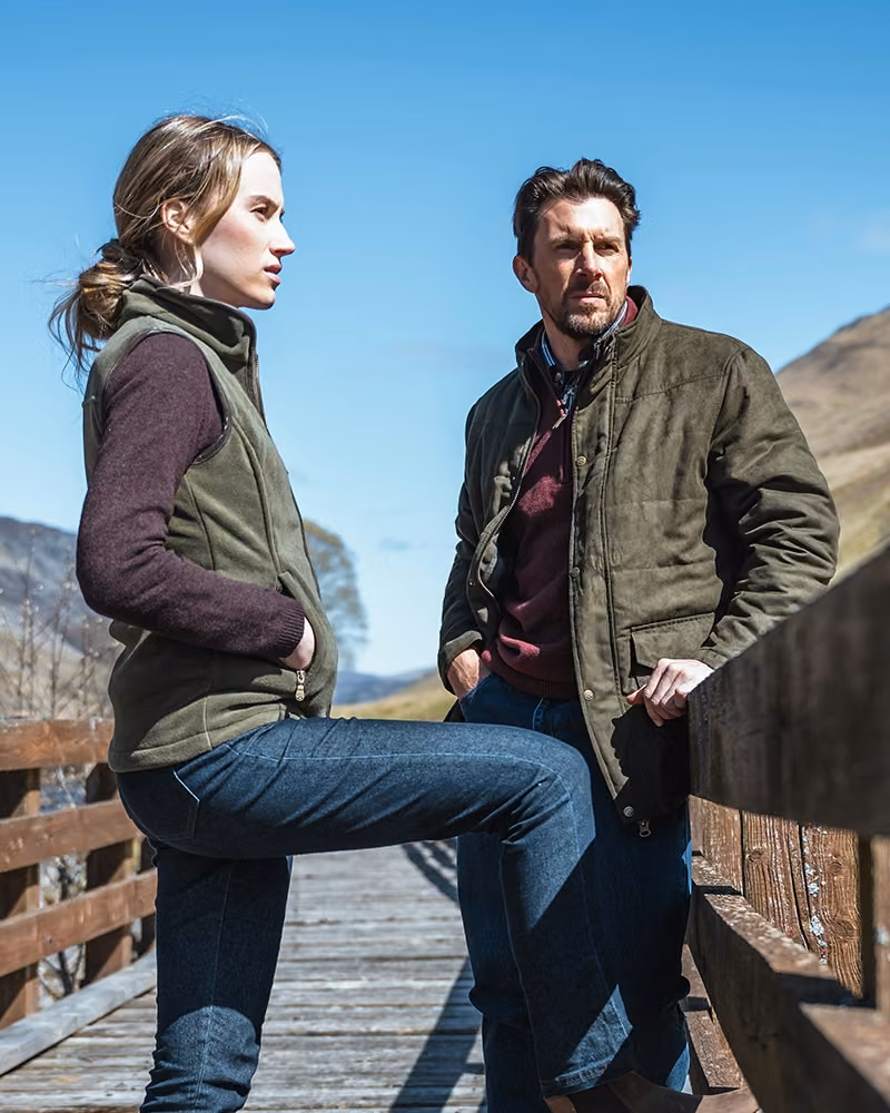 Hoggs of Fife Glenesk Quilted Jacket in Loden, lifestyle pair view