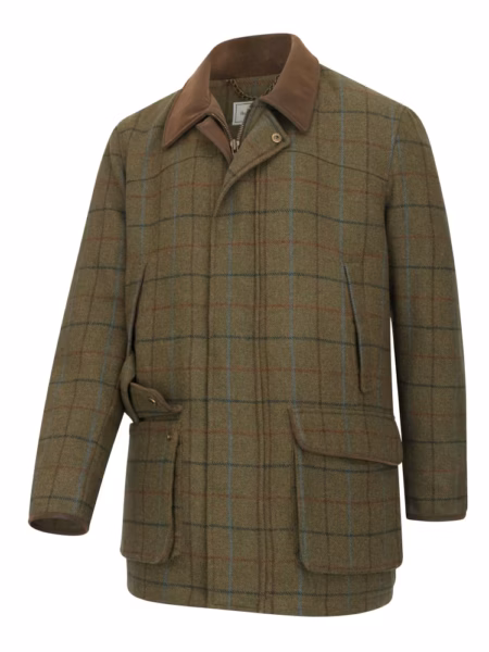 Hoggs of Fife Kingussie Technical Tweed Field Coat in Green/Blue, front view