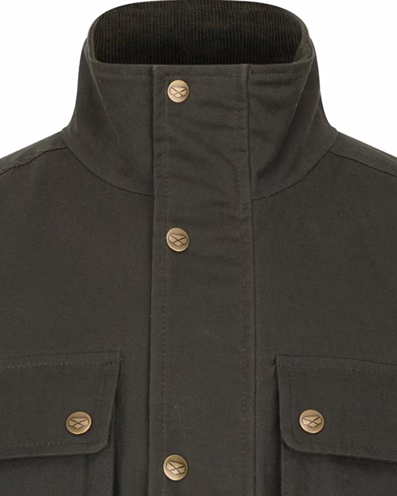 Hoggs of Fife Linton Waxed Jacket in Dark Green, collar detail view